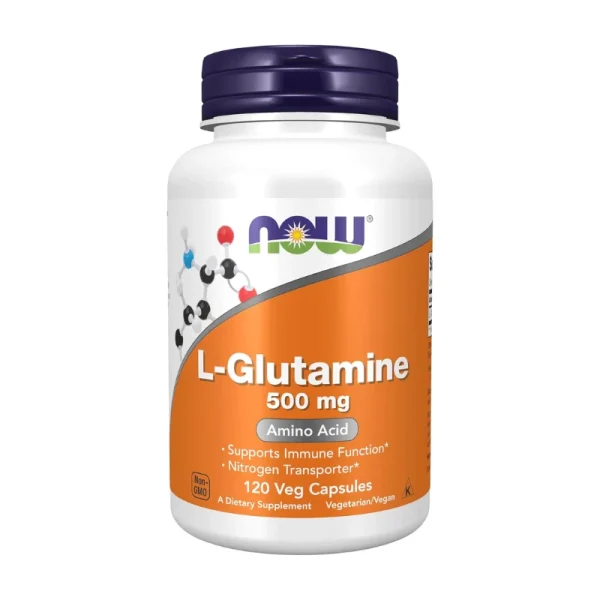 NOW L-Glutamine 500 mg 120 Veg Capsules bottle – amino acid supplement supporting immune function, muscle recovery, and nitrogen transport