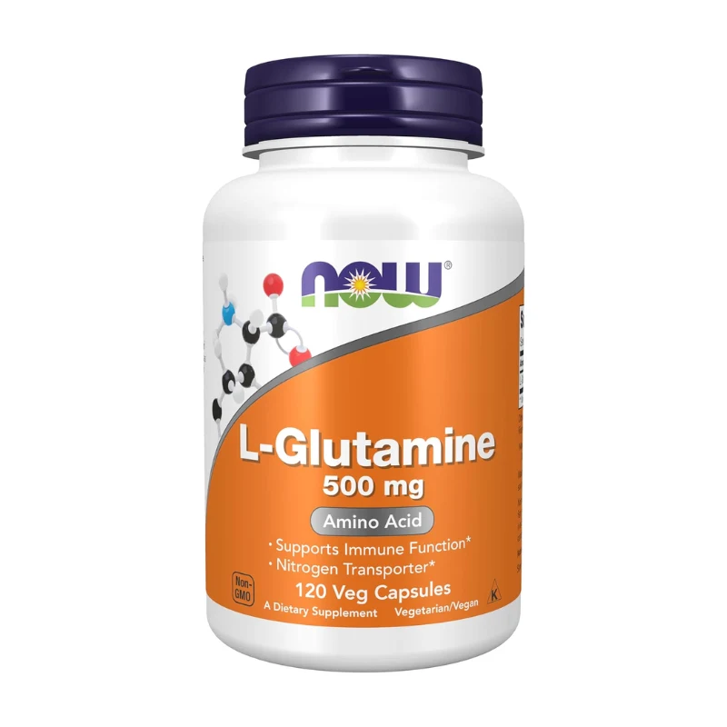 NOW L-Glutamine 500 mg 120 Veg Capsules bottle – amino acid supplement supporting immune function, muscle recovery, and nitrogen transport