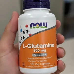 NOW L-Glutamine 500 mg 120 Veg Capsules bottle – amino acid supplement supporting immune function, muscle recovery, and nitrogen transport