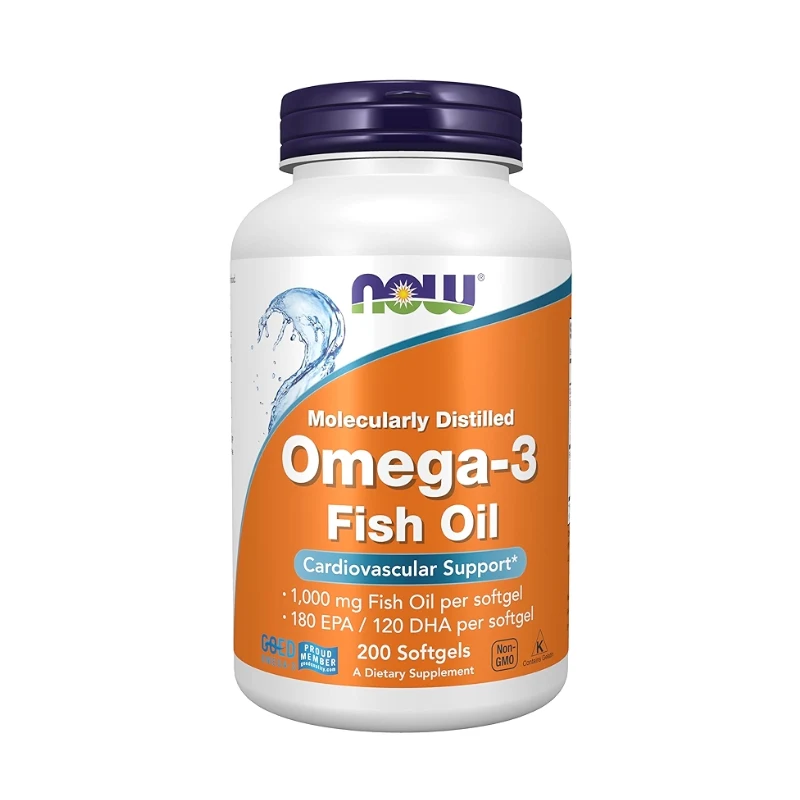 NOW Omega-3 Fish Oil 100 Softgels bottle – high-quality EPA DHA supplement for heart and brain health